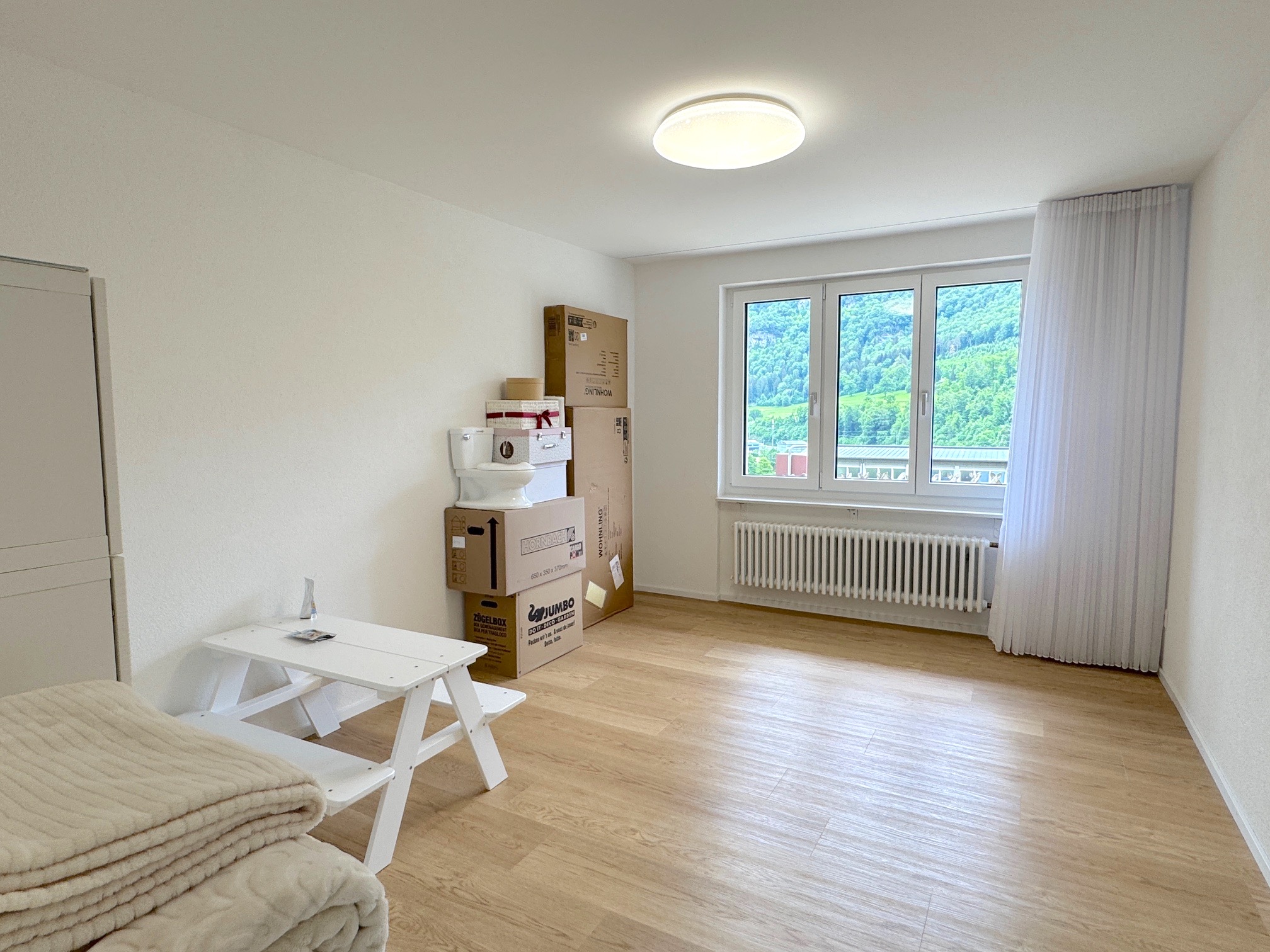 Helles, teilmöbliertes Schlafzimmer mit Bergblick