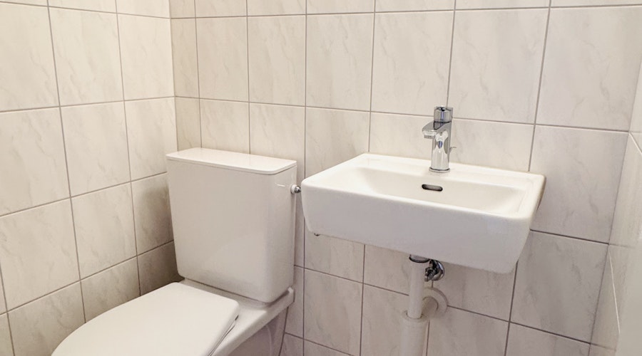 Gäste-WC mit Wandtoilette und Handwaschbecken