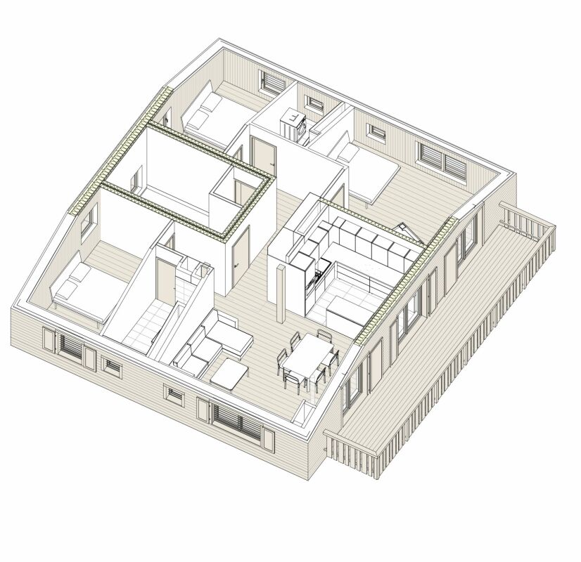 Grundriss einer eingeschossigen Wohnimmobilie mit Terrasse