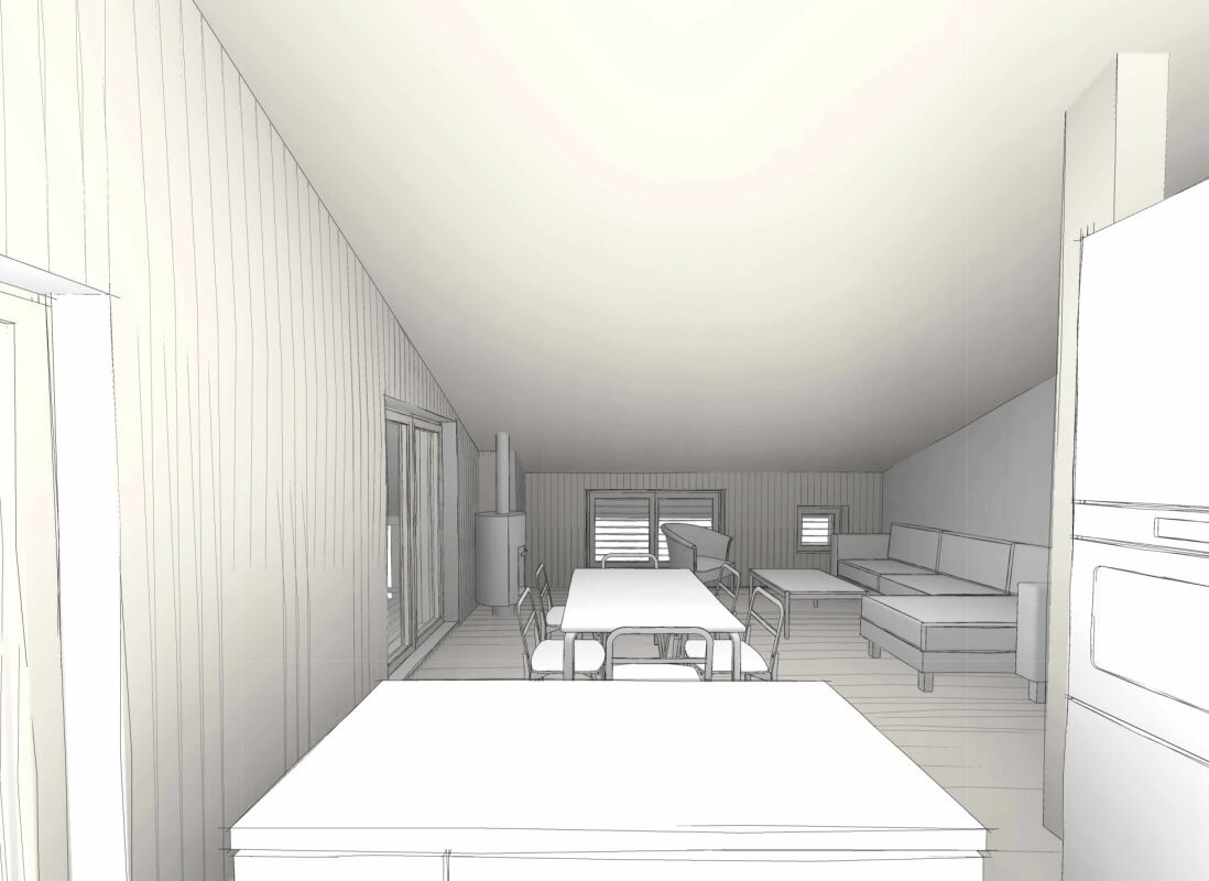 Innenraum mit Wohn- und Essbereich in 3D-Visualisierung