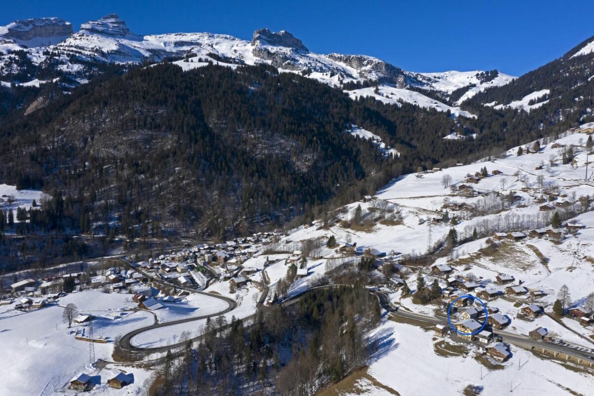 Alpines Dorf aus der Luft
