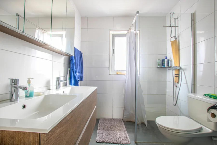 Modernes Badezimmer mit Glasdusche und Doppelwaschtisch