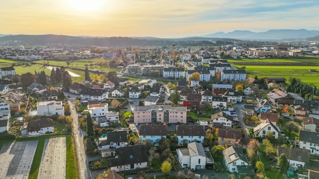Luftaufnahme einer Wohnsiedlung mit Feldern und Bergen