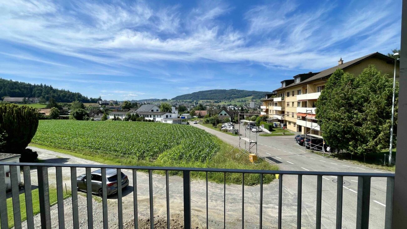 Balkonblick über Wohngebiet und Landschaft