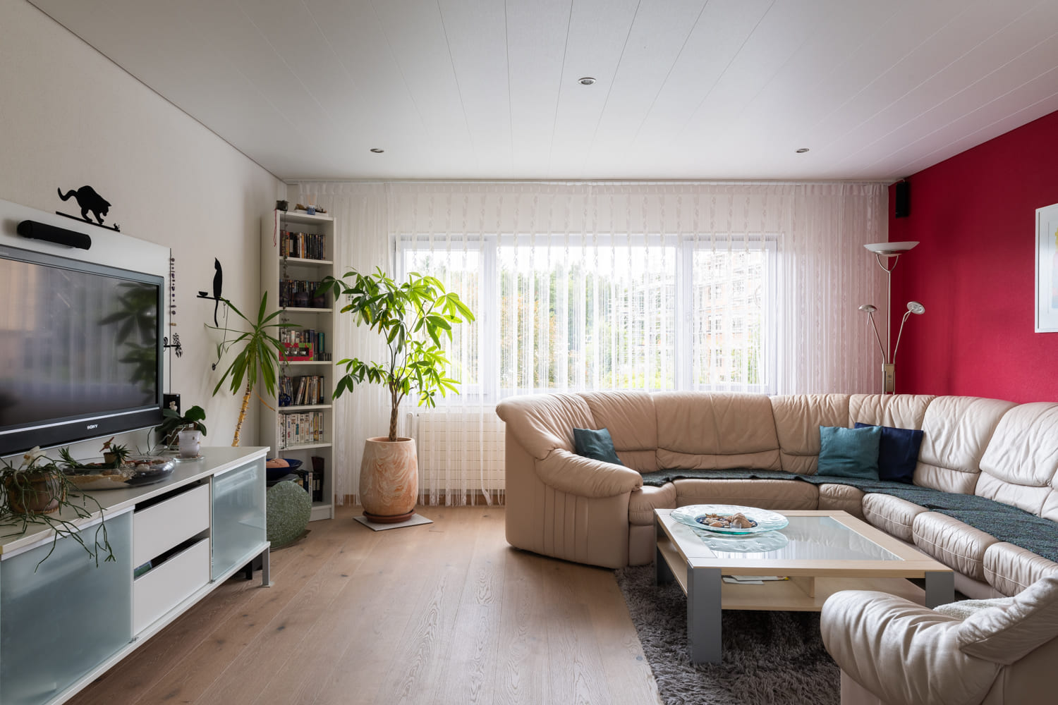 Helles Wohnzimmer mit Ecksofa und TV-Wand