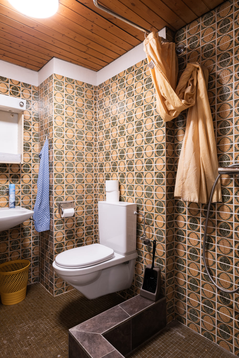 Vintage-WC mit auffälligem Fliesenmuster