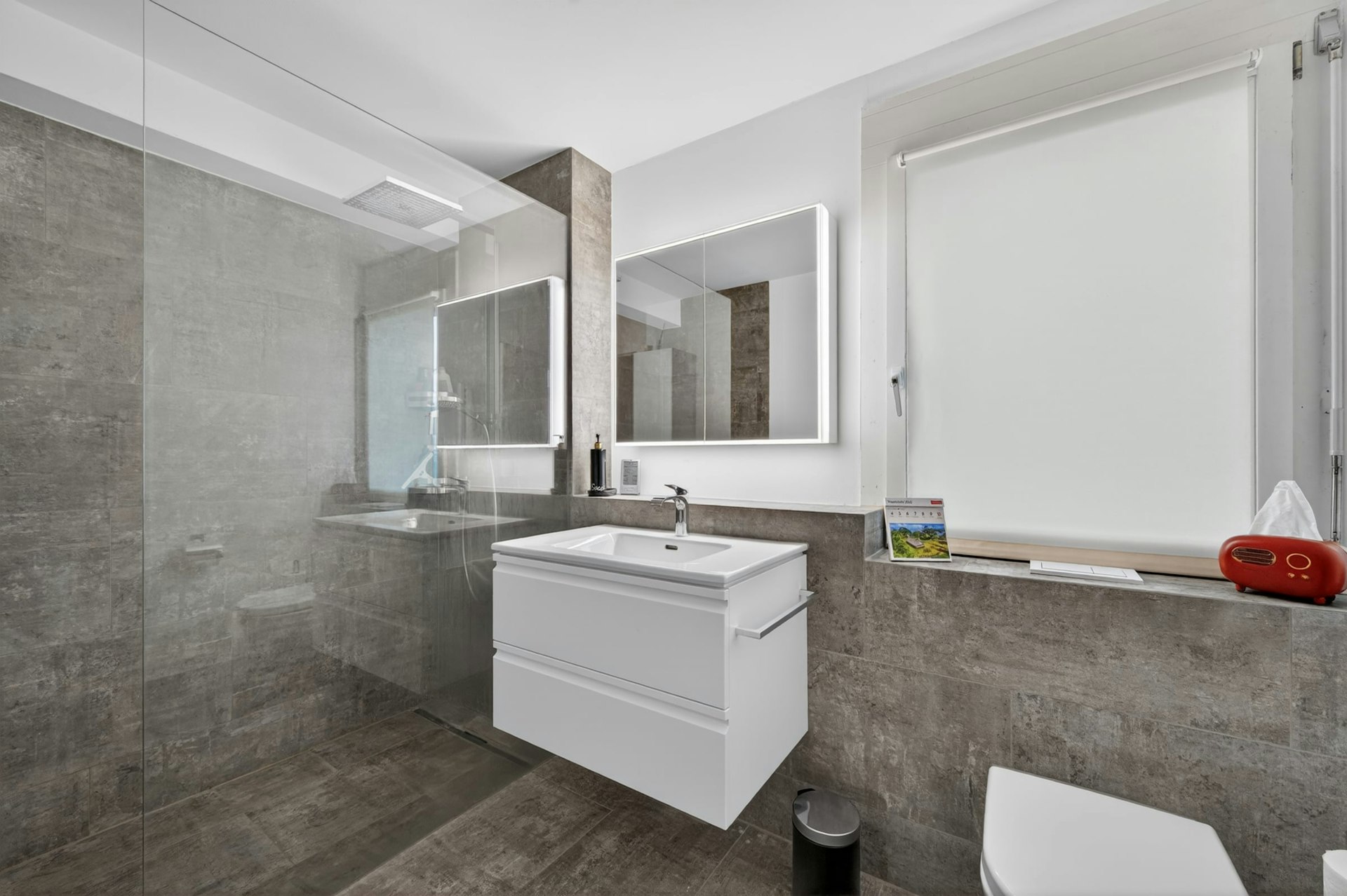 Modernes Badezimmer mit Walk-in-Dusche und Waschtisch