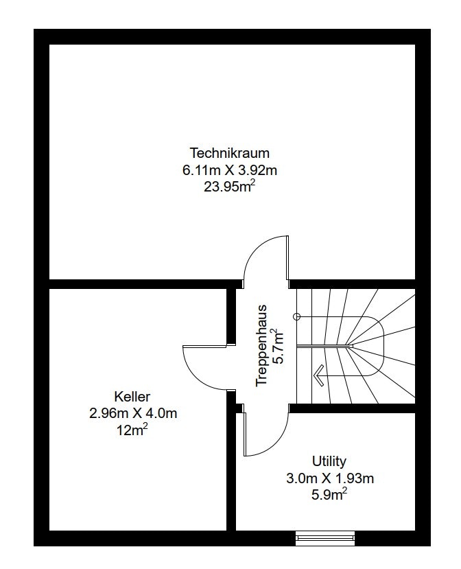 Keller-Grundriss mit Technikraum und Treppenhaus