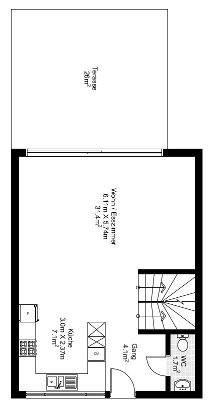 Grundriss mit Terrasse, Wohn-/Esszimmer, Küche, Gang und WC