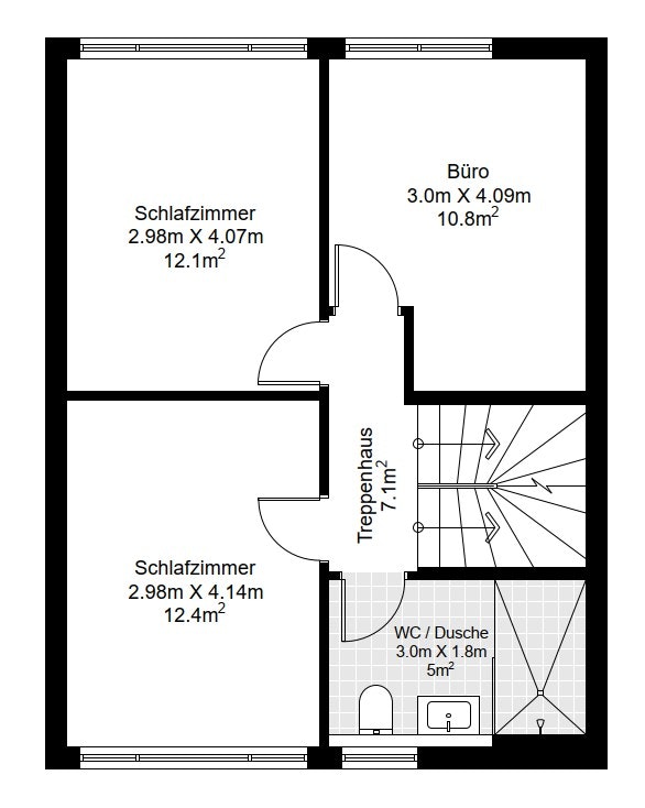 Grundriss mit Schlafzimmern, Büro, Treppenhaus und WC/Dusche