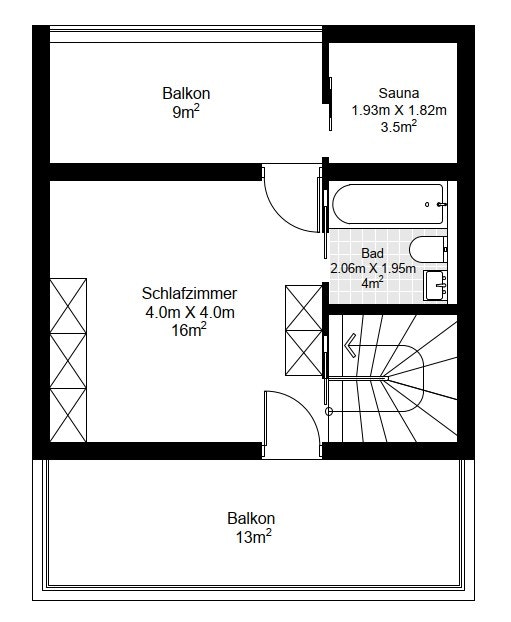 Grundriss mit Balkon, Schlafzimmer und Sauna