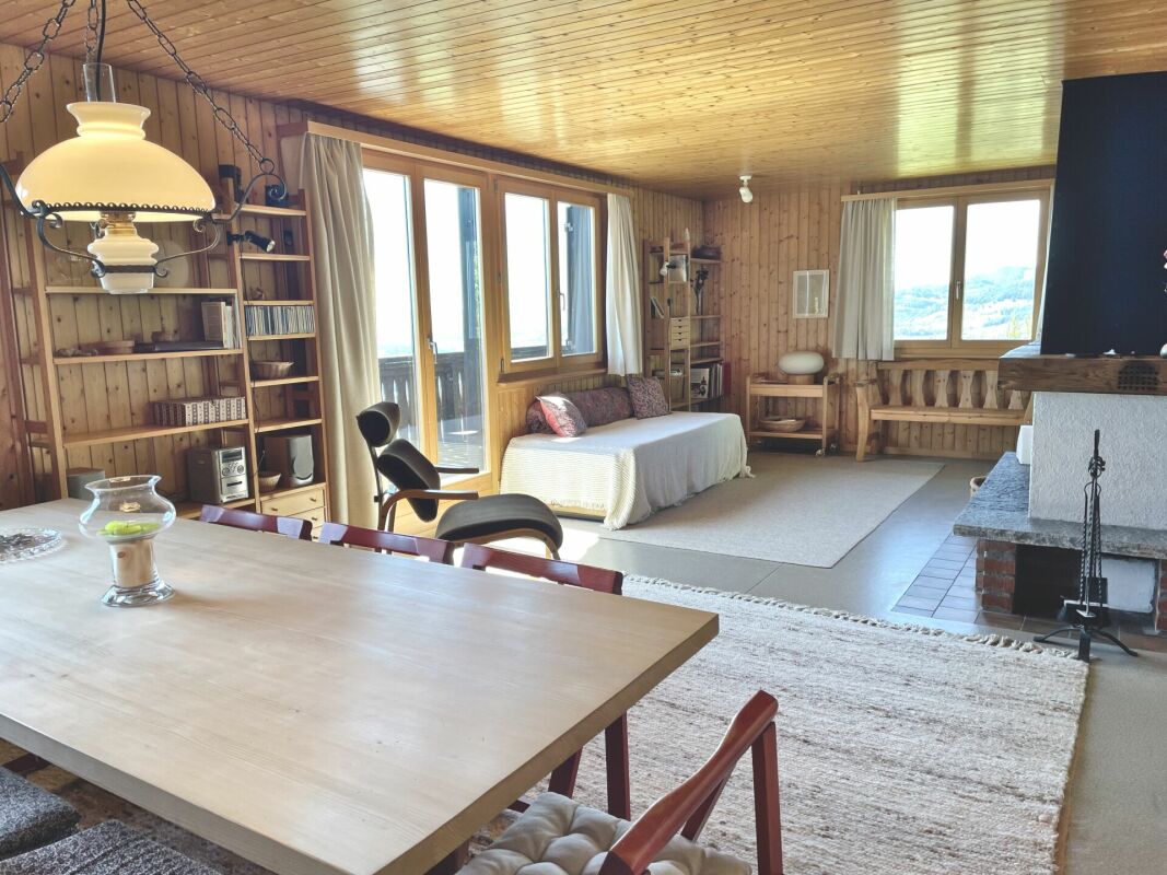 Gemütlicher Wohnraum mit Holzverkleidung und Ausblick in die Berge