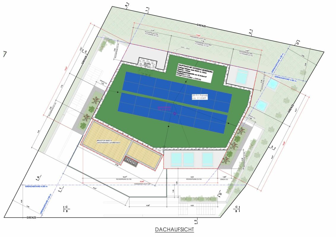 Dachaufsicht mit Photovoltaik- und Gründachplanung