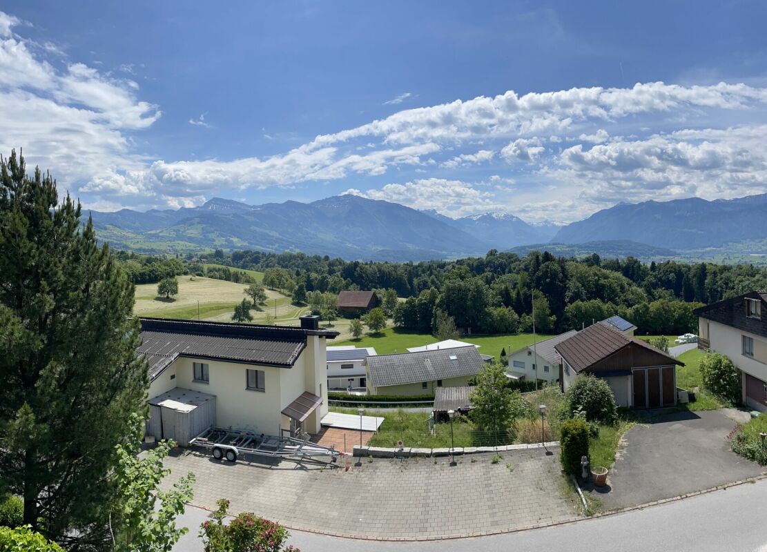 Alpenblick über Wohngebiet