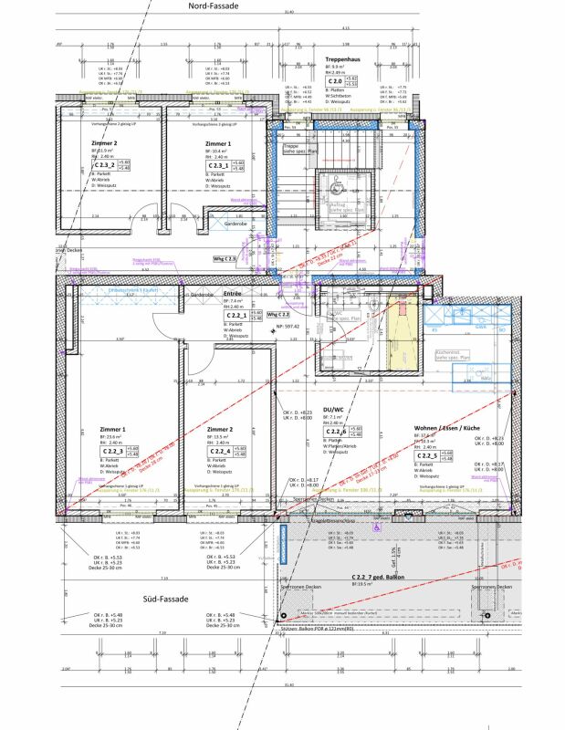 Grundriss einer Wohneinheit mit Nord- und Südfassade