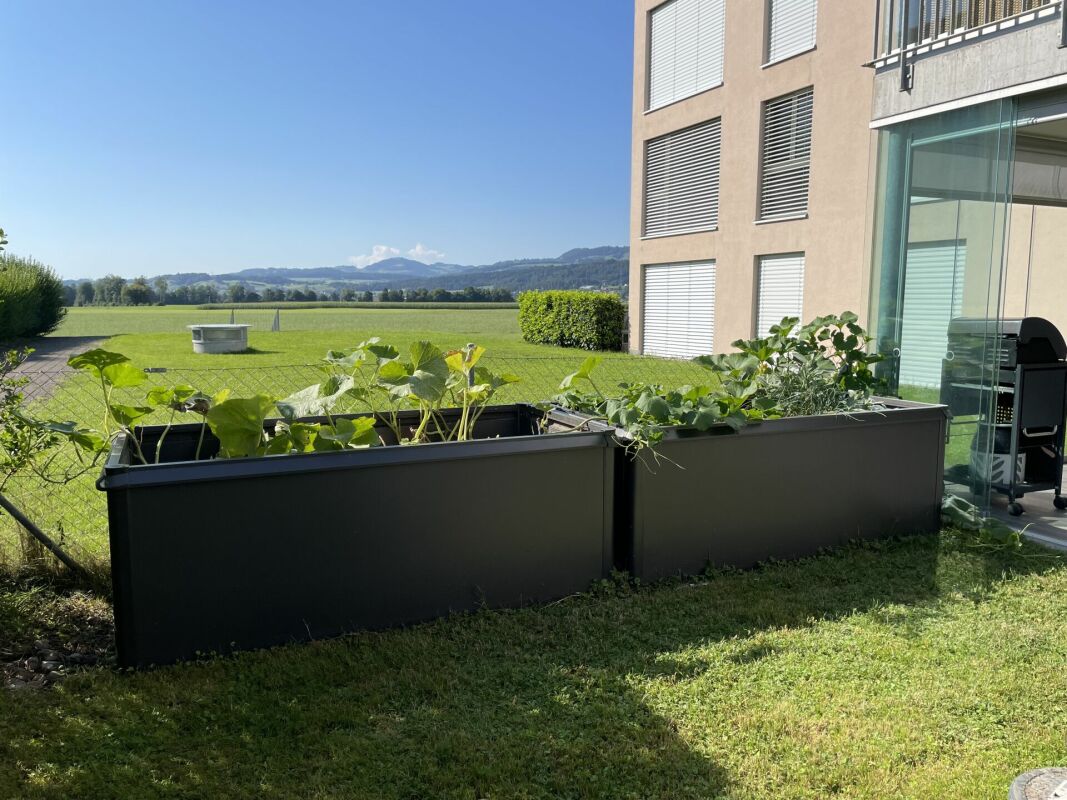 Außenbereich mit Balkon-/Terrassenblick und Garten