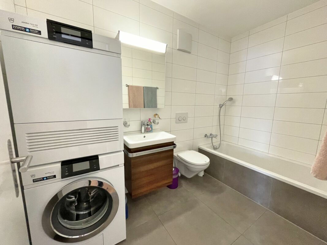 Badezimmer mit Badewanne und Waschmaschinen-Säule