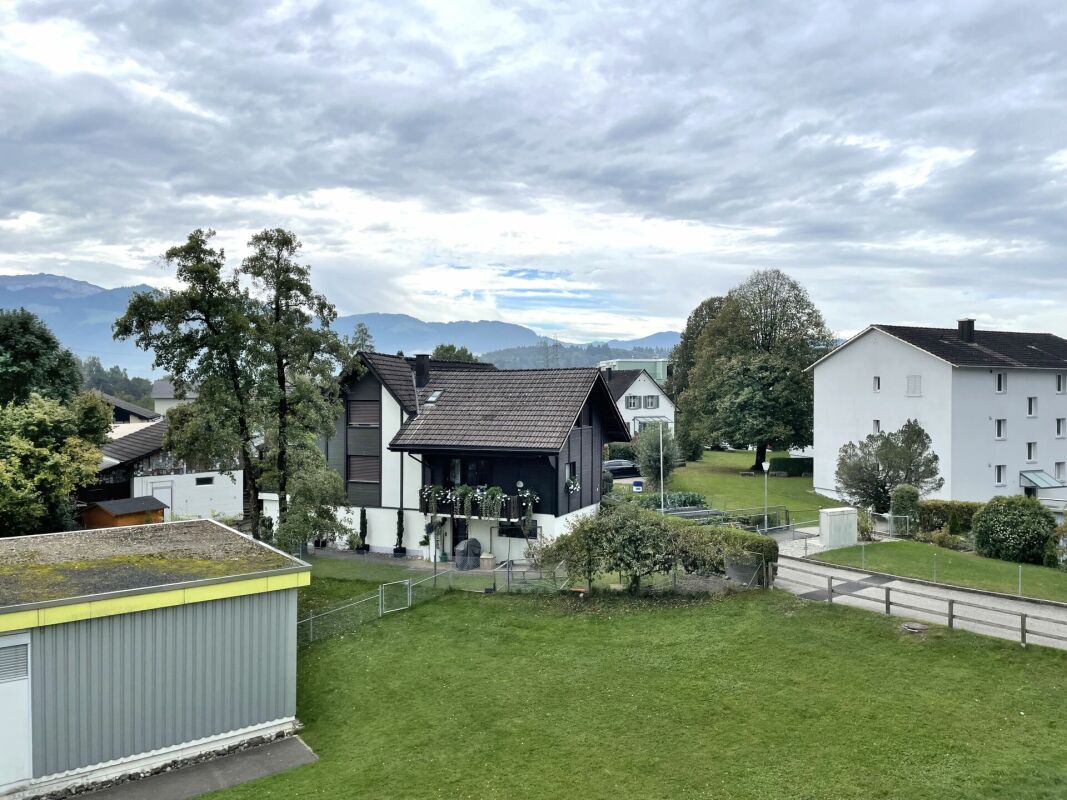 Blick über Wohngebiet mit Bergen