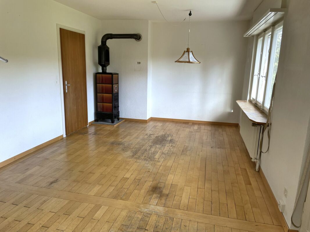Wohnraum mit Holzofen und Fensterfront