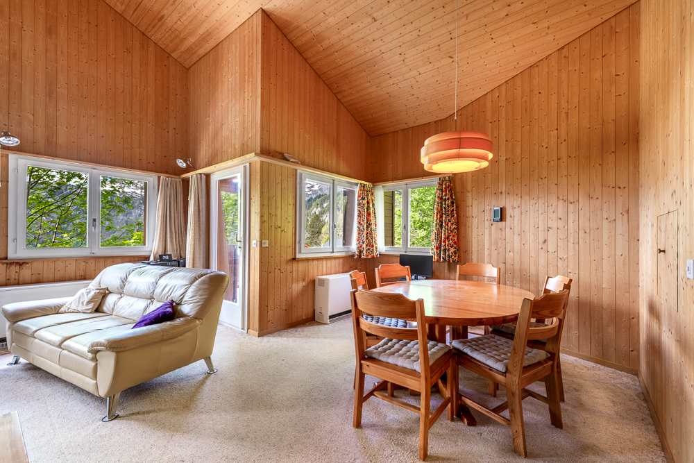 Wohnzimmer mit Holzvertäfelung und Essbereich
