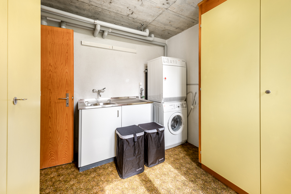 Hauswirtschaftsraum mit Waschmaschine und Spülbecken