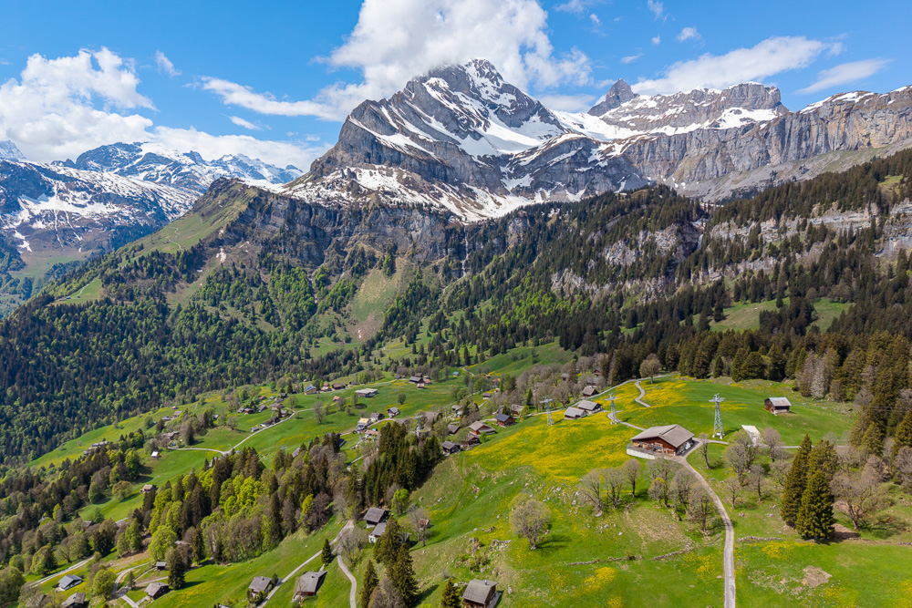 Alpines Bergpanorama mit Weiden und verstreuten Chalets
