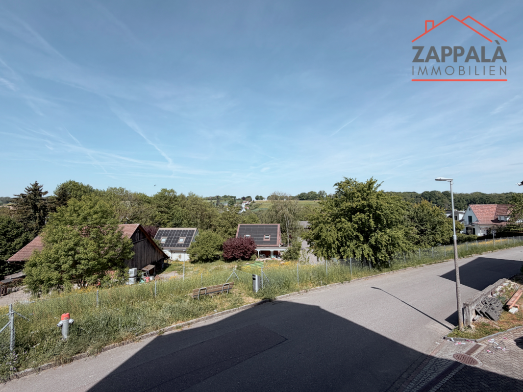 Ländliche Straßenansicht mit Häusern und viel Grün