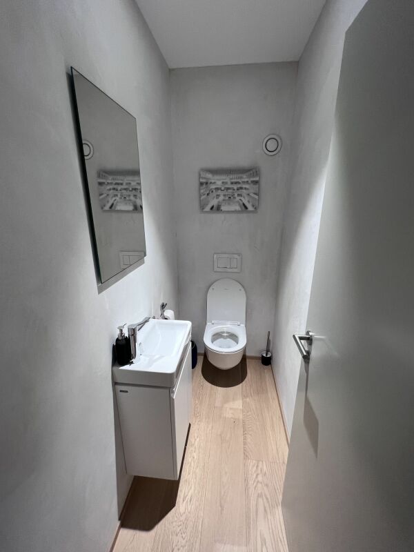 Schmales Gäste-WC mit Waschbecken und wandhängendem WC