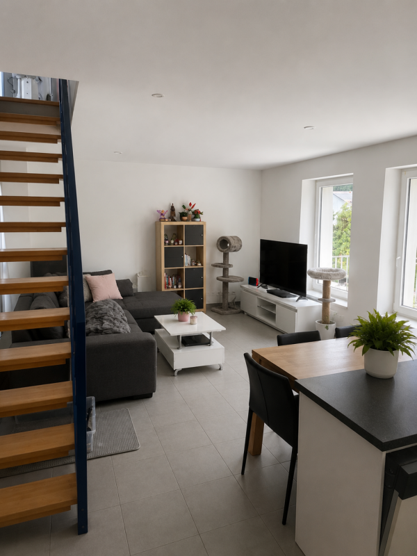 Offener Wohn- und Essbereich mit Treppe