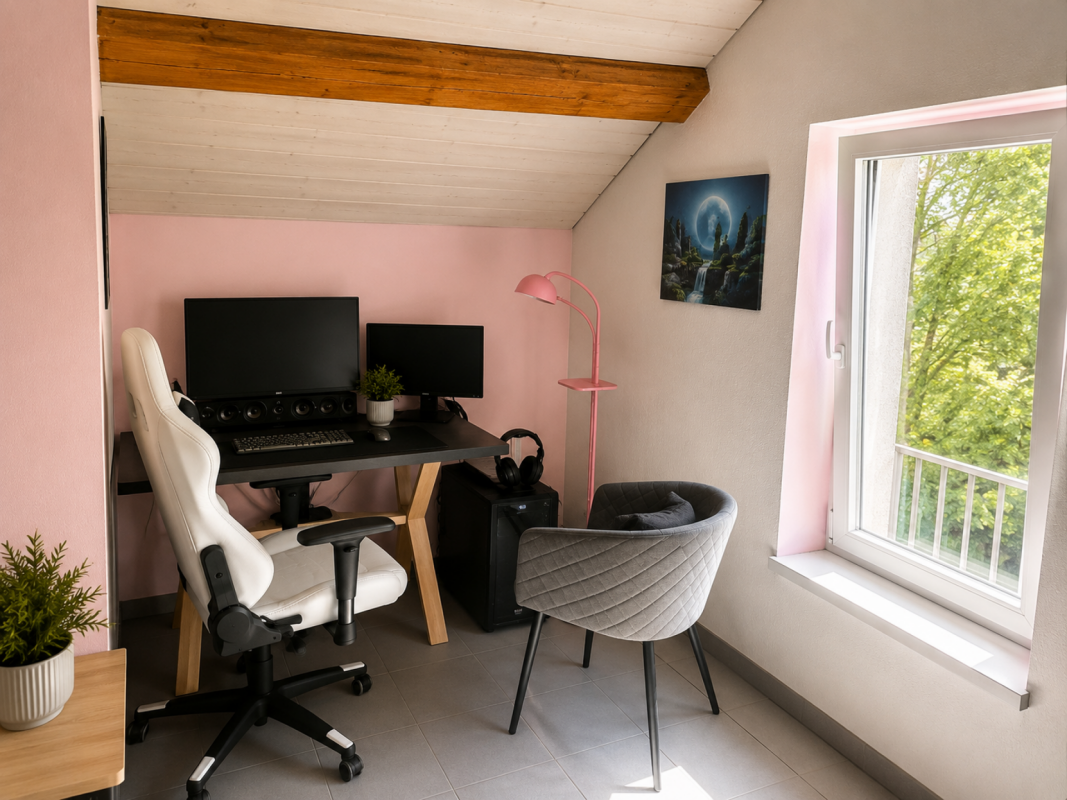 Kleines Homeoffice mit Dachschräge und Fenster