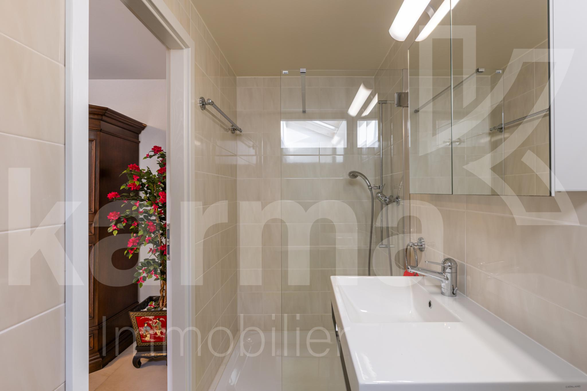 Helles Badezimmer mit Dusche und Waschtisch