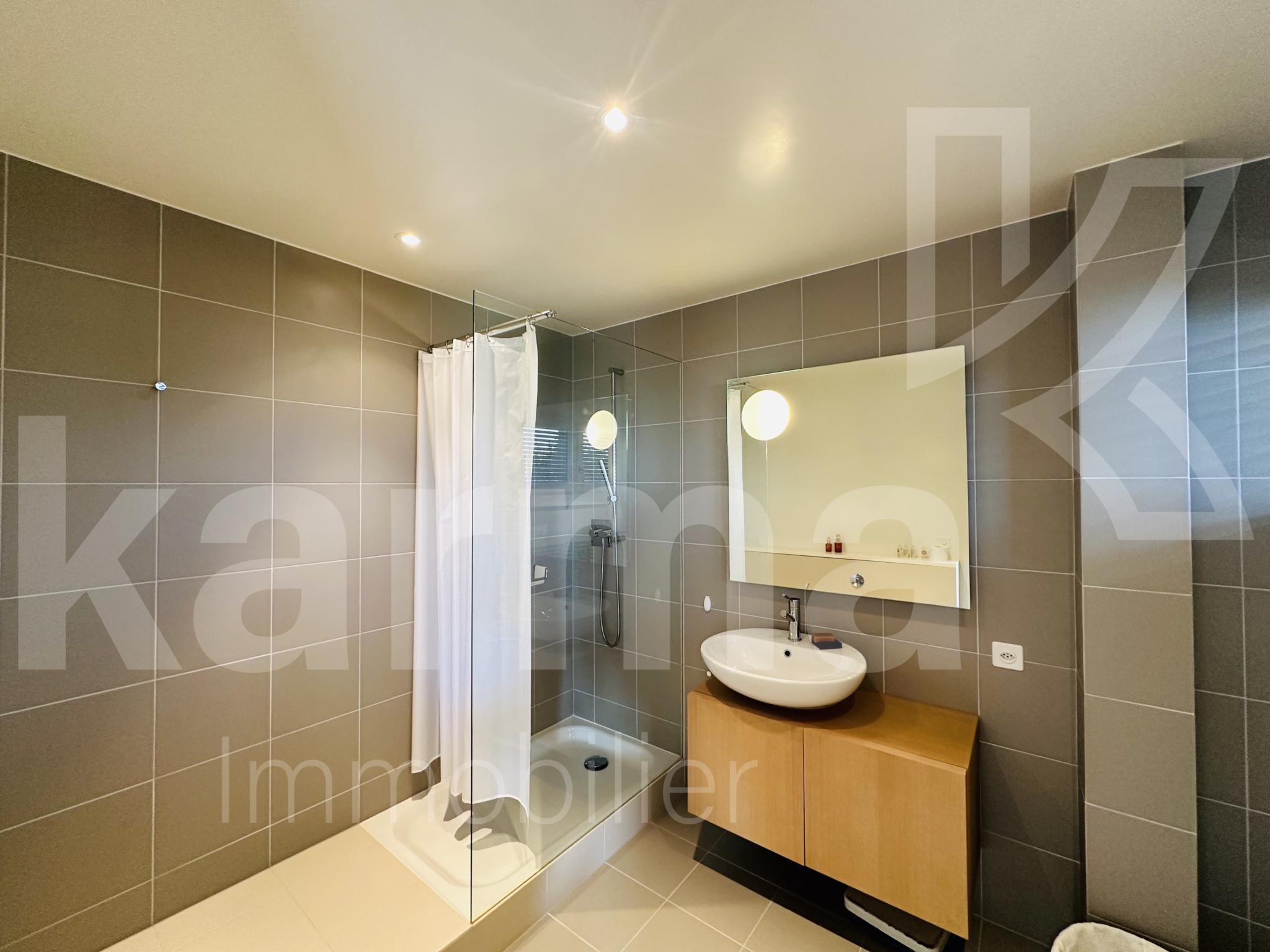 Modernes Badezimmer mit Walk-in-Dusche und Waschtisch