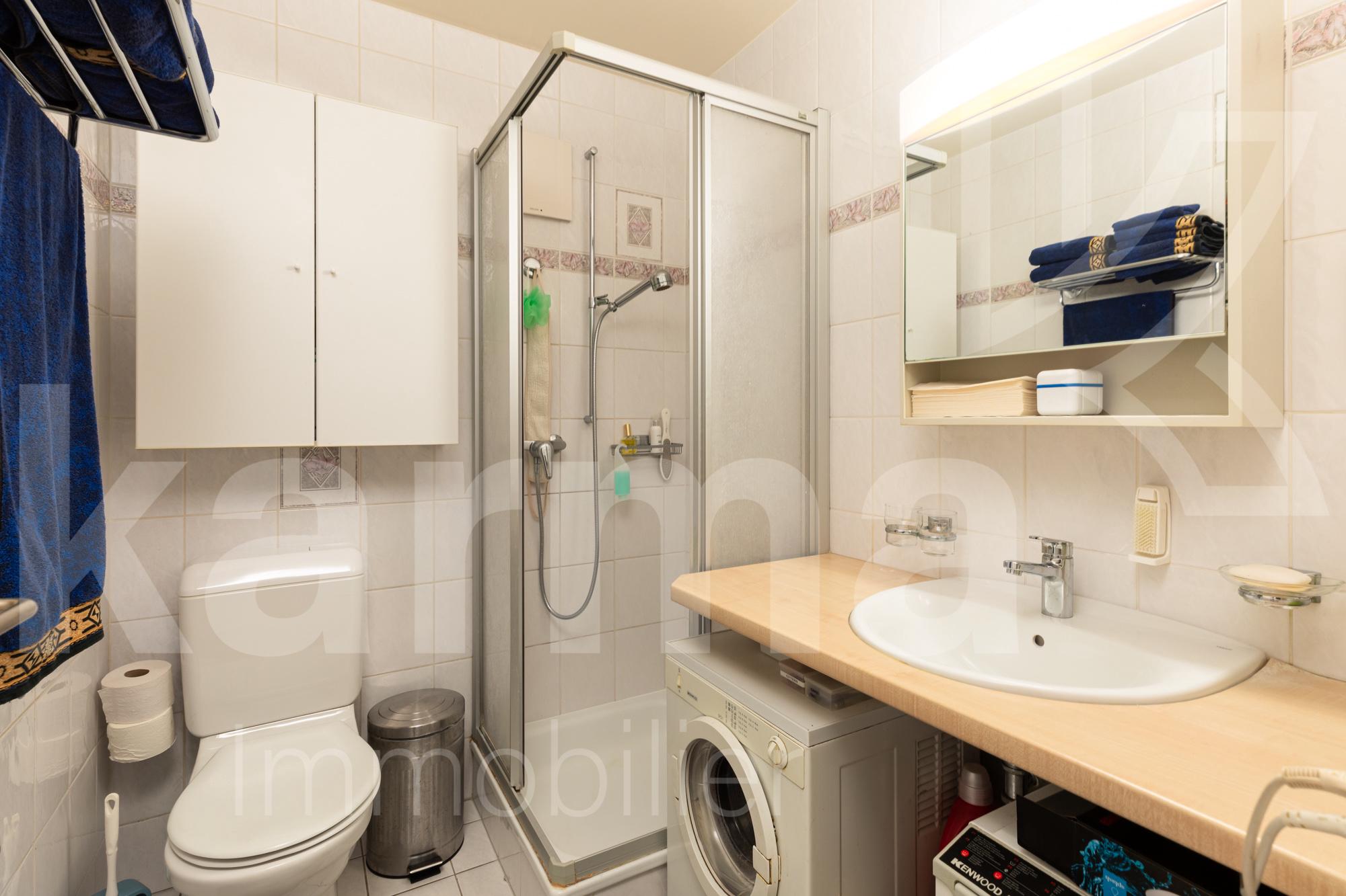 Kleines Badezimmer mit Dusche, WC und Waschtisch