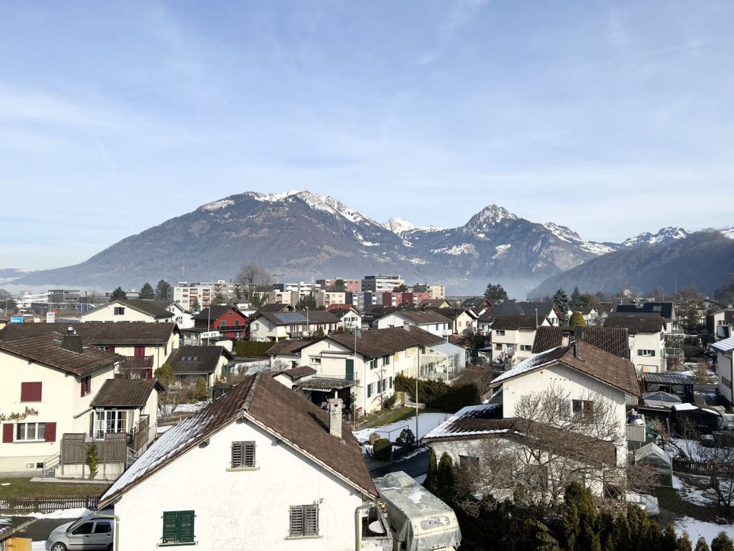 Blick über Wohnhäuser mit Bergpanorama