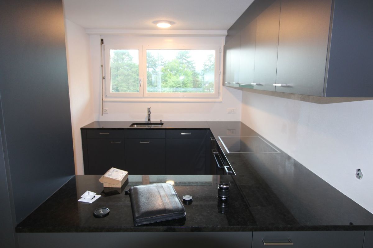 Moderne dunkle Küche mit Fenster