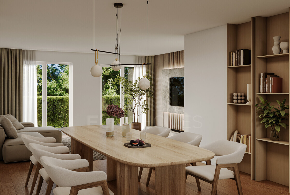 Heller Wohn- und Essbereich mit Naturholz und Designer-Möbeln