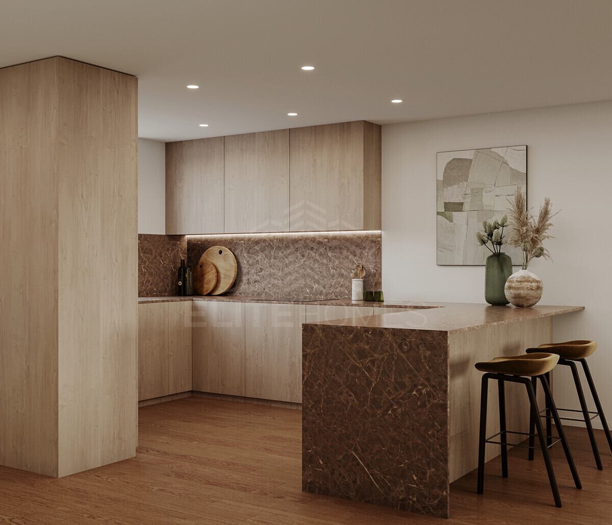 Moderne Küche mit Holz und Marmor