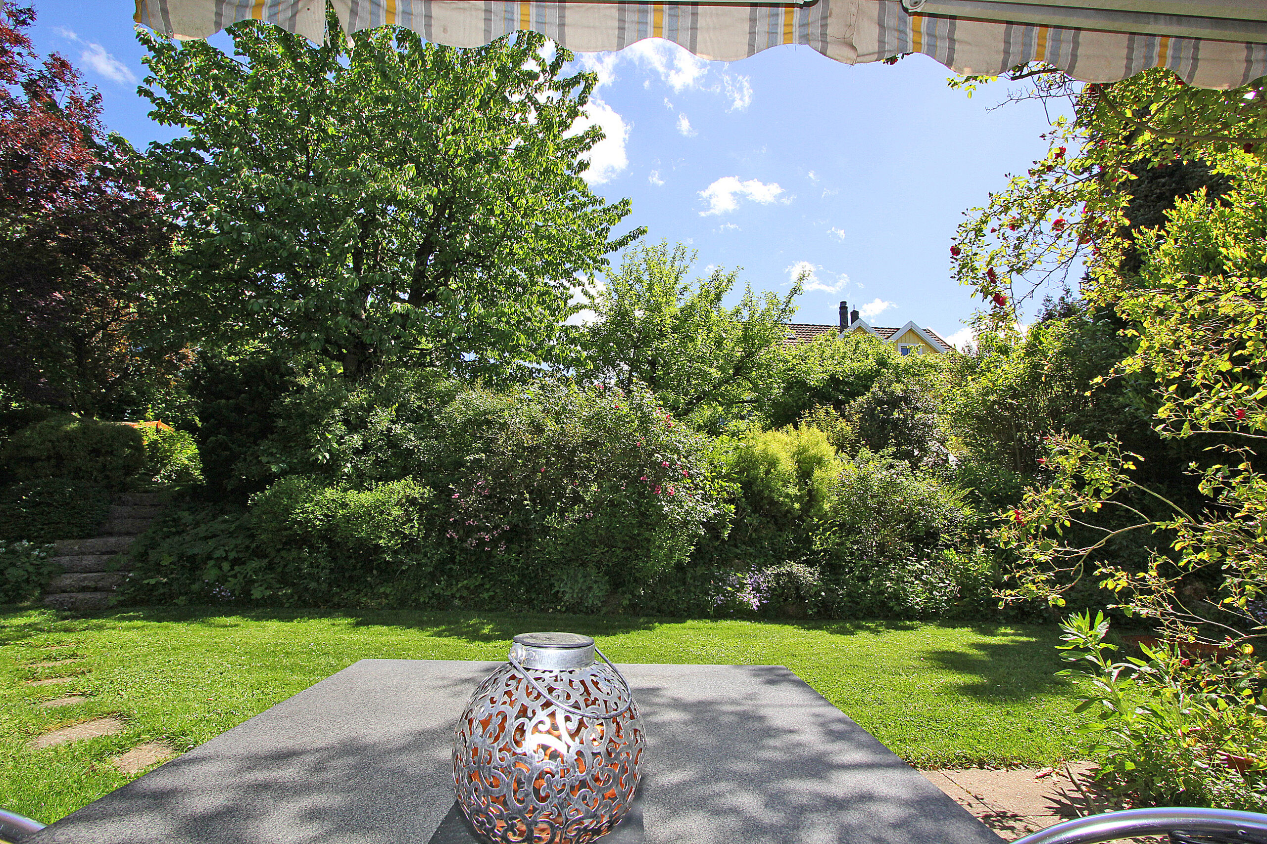 Blick in einen grünen Garten mit Terrasse