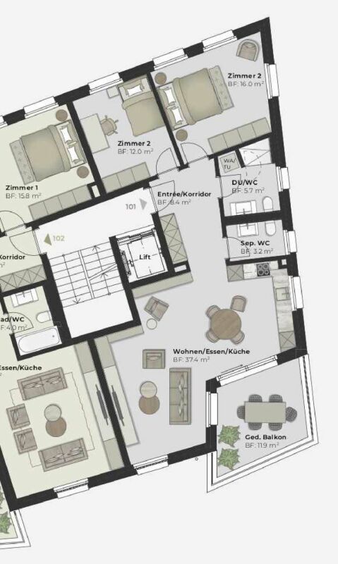 Grundriss einer Wohnung mit mehreren Zimmern, Bad, WC, Wohn-Ess-Küche und Balkon