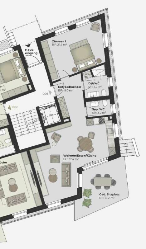 Grundriss einer Wohnung mit Zimmern, Entrée, Bad, WC, Lift und Sitzplatz