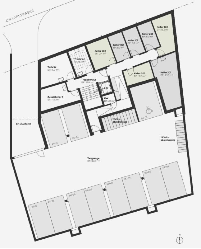 Tiefgaragen- und Kellergeschoss-Grundriss