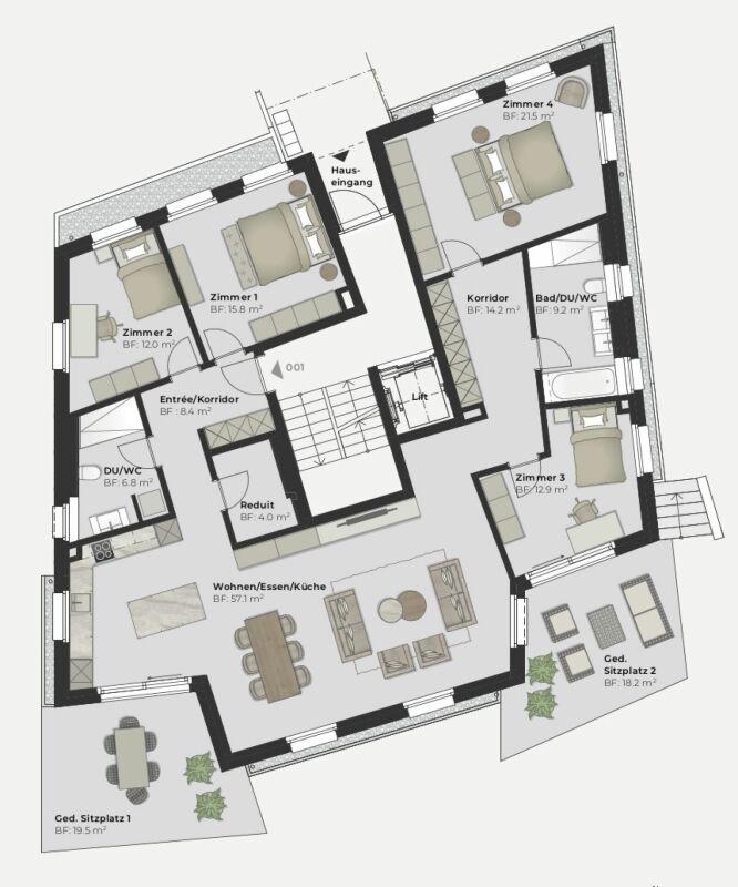 Grundriss einer Wohnung mit mehreren Zimmern, Korridoren und Außenflächen
