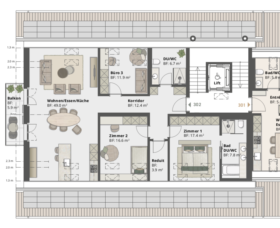 Grundriss einer Wohnung mit Wohn-/Ess-/Kochbereich, Schlafzimmern, Bädern, Flur, Lift und Balkon