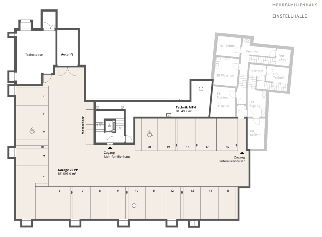 Grundriss einer Einstellhalle im Mehrfamilienhaus