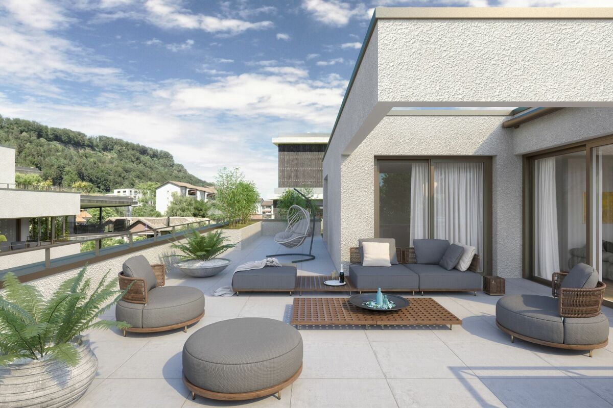 Moderne Dachterrasse mit Lounge-Möbeln