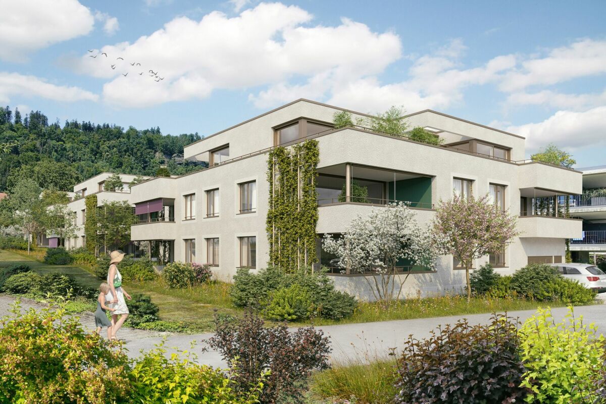 Moderne Wohnanlage mit begrünten Balkonen