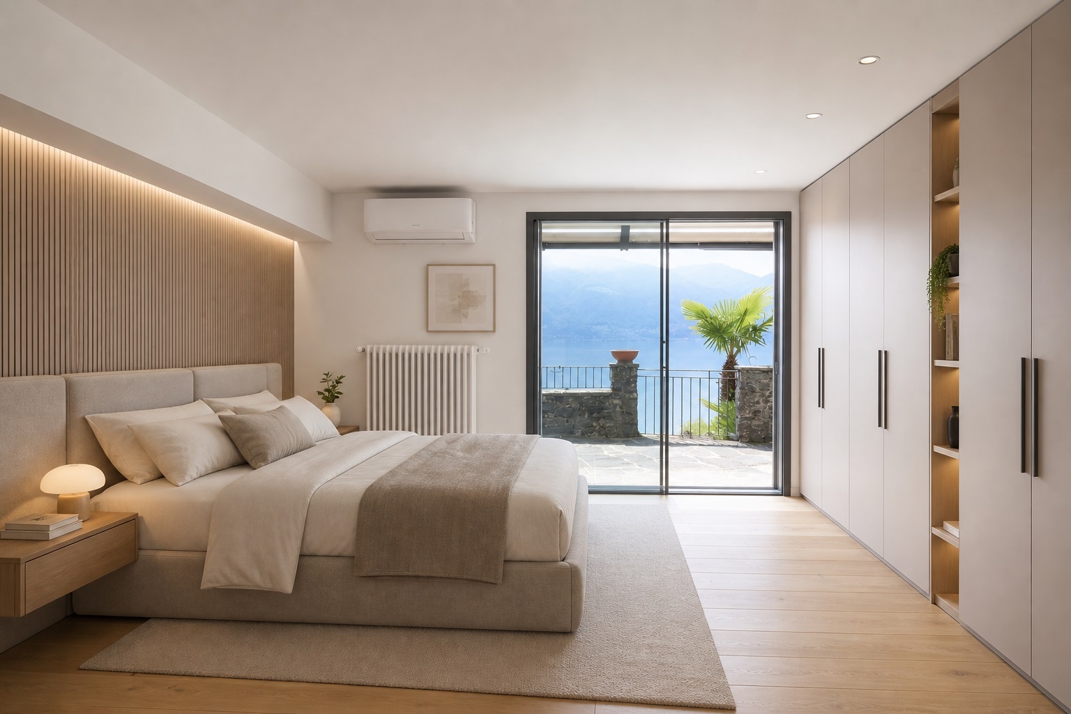 Helles Schlafzimmer mit Seeblick