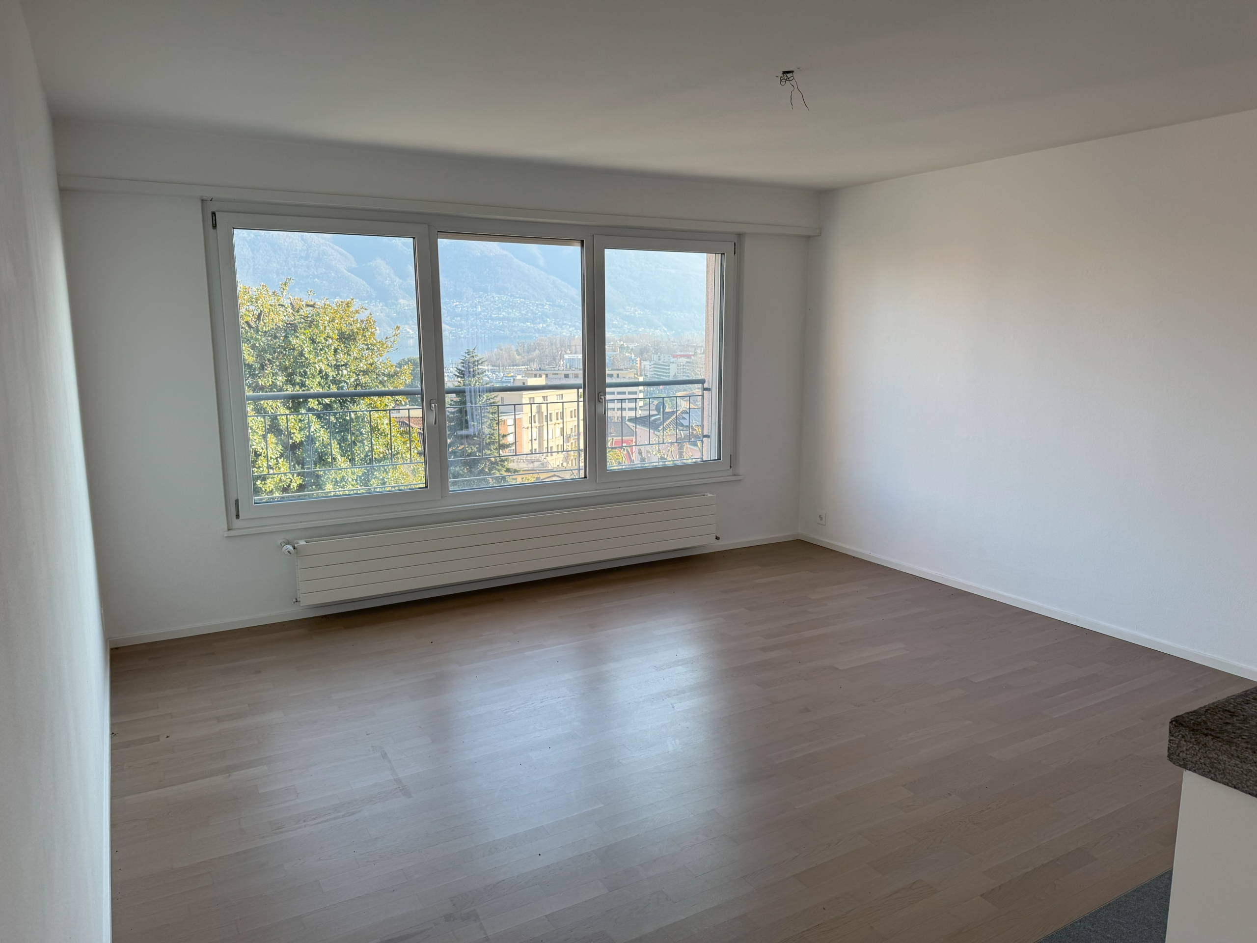Heller leerer Wohnraum mit Bergblick