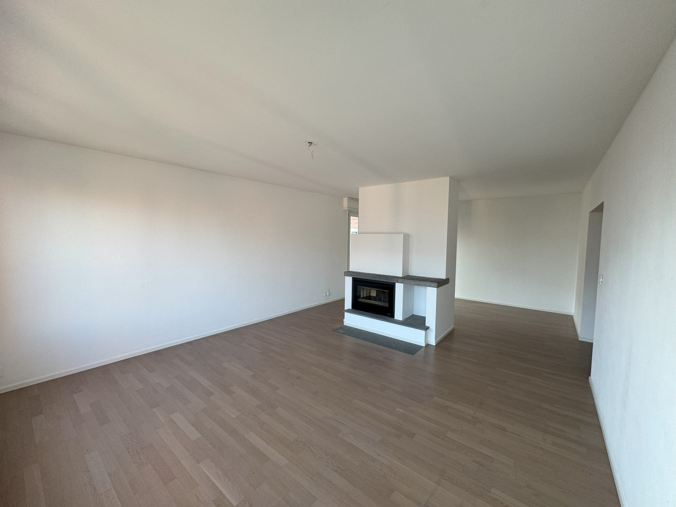 Heller leerer Wohnraum mit Kamin