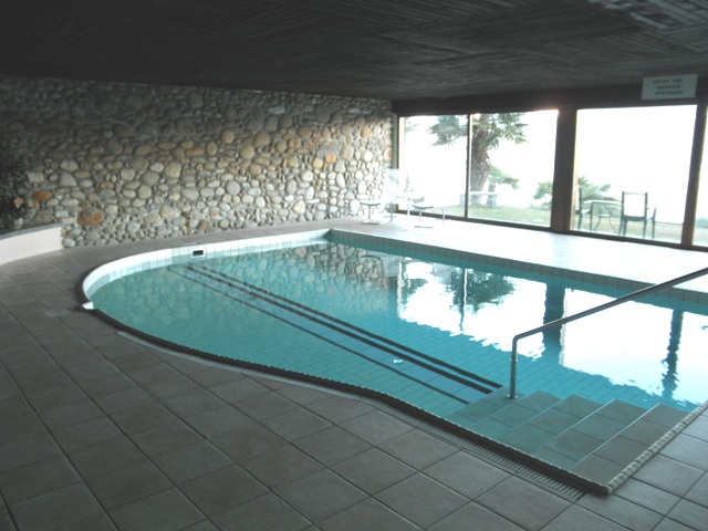 Innenpool mit Natursteinwand